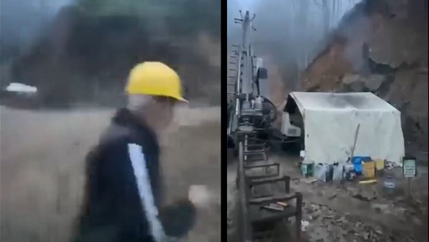 Giresun'da heyelan anları kamerada! Sondaj makinesi toprak altında kaldı, işçiler son anda kurtuldu